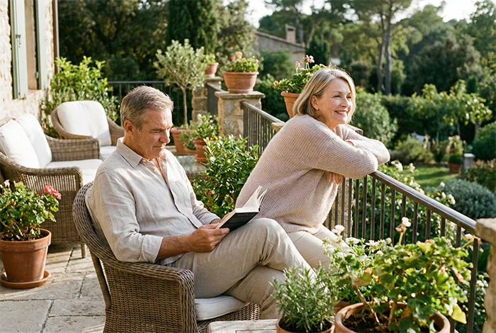 Para starszych osób spędzających czas na tarasie
